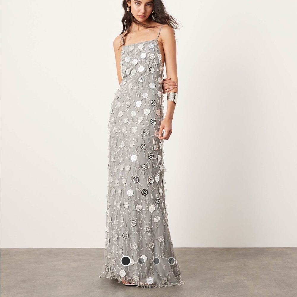 asos silver flower drop jewel beaded maxi dress with low back